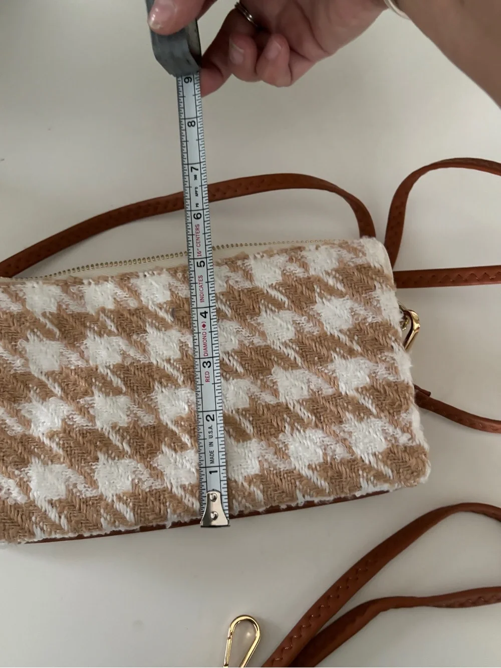 Woven Beige and White Houndstooth Crossbody Bag with Tan Strap